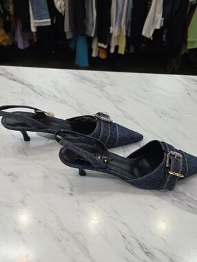 Givenchy Dark Denim Pointed Slingback Kitten Heels with Buckle